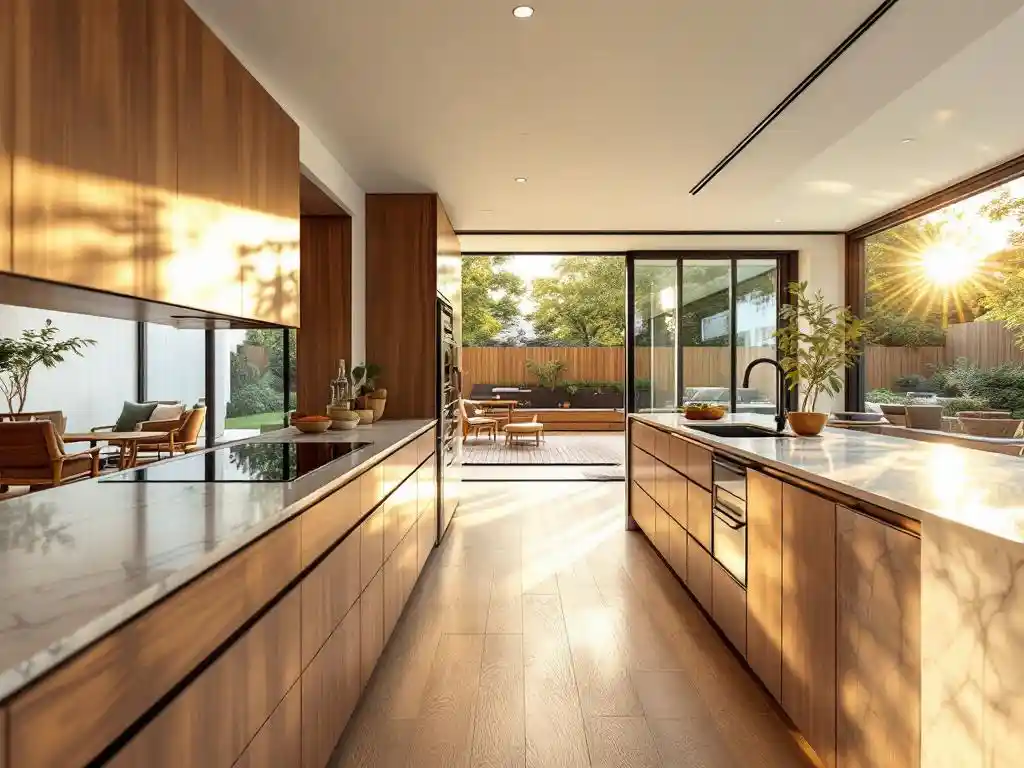 Luxe moderne keuken met walnotenhouten kasten en marmeren werkbladen die doorlopen in glazen uitbouw met tuinzicht