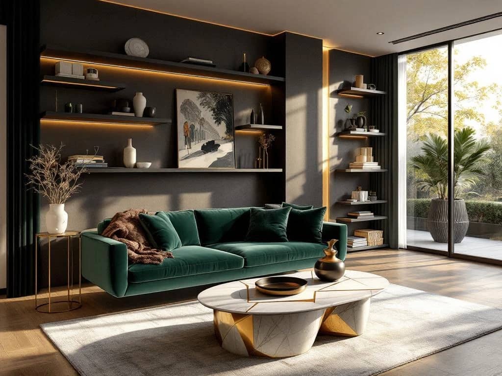 Luxe moderne woonkamer met smaragdgroene fluwelen bank, marmeren salontafel en zwevende planken met LED-verlichting